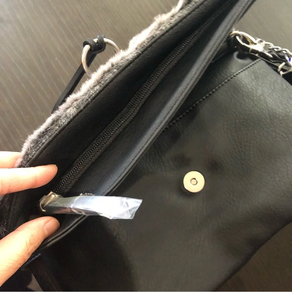 Nicole Miller Faux Fur Foldover Purse Handbag Charm Black NWT $88 - Picture 9 of 13